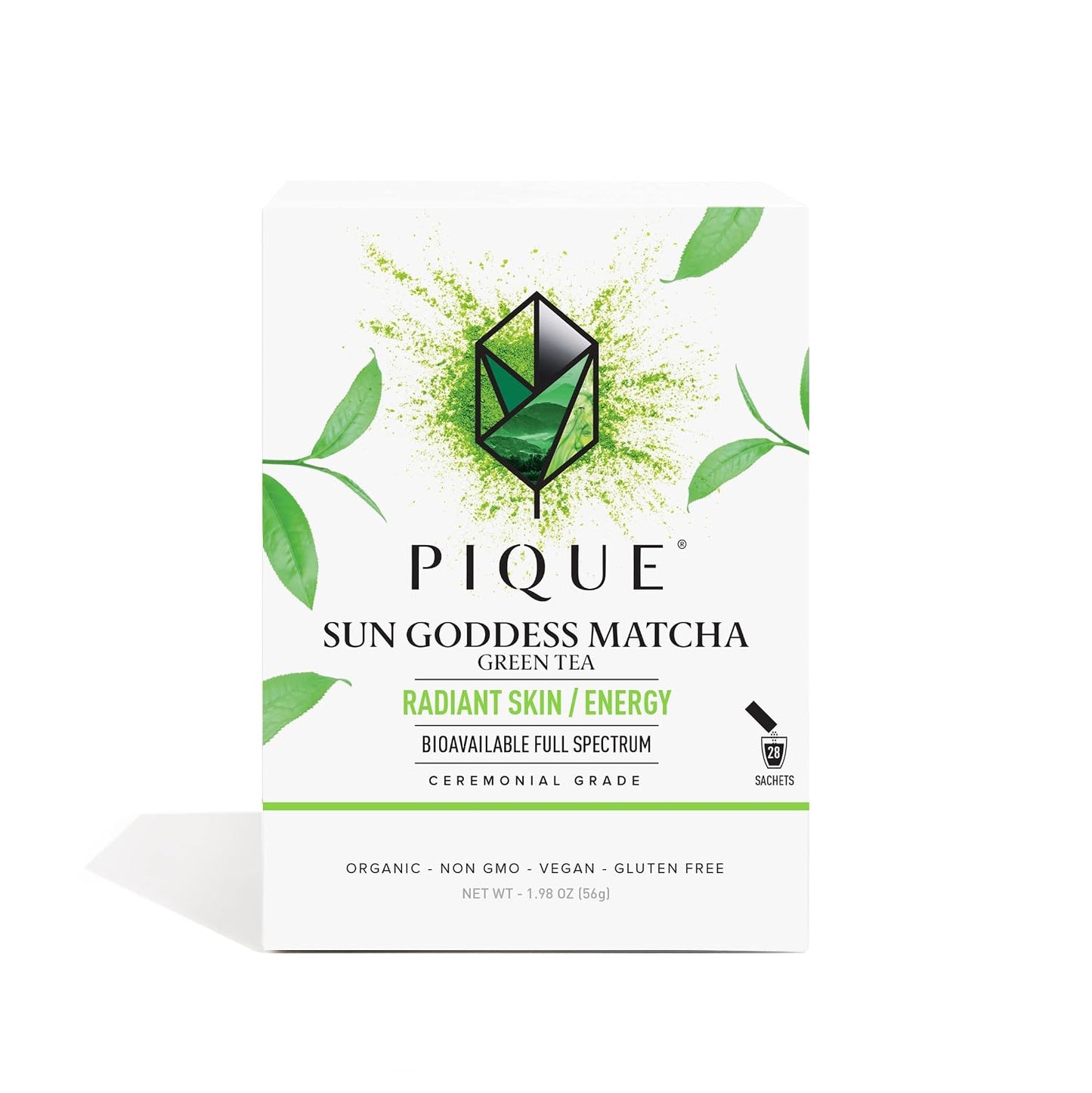 Pique Organic Sun Goddess Matcha - Ceremonial Grade Matcha Green Tea Powder, Supports Radiant Skin, Calm Energy - 28 Single Serve Sticks