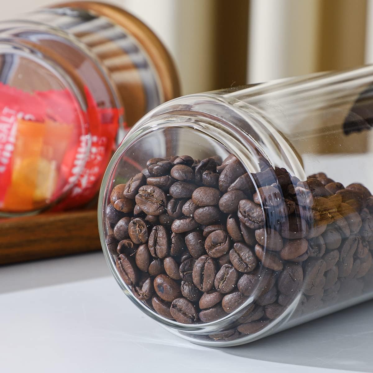 3 Pack Glass Jars with Acacia Wooden Lids | 34 Oz Kitchen Storage Containers Food Canisters Stackable Design