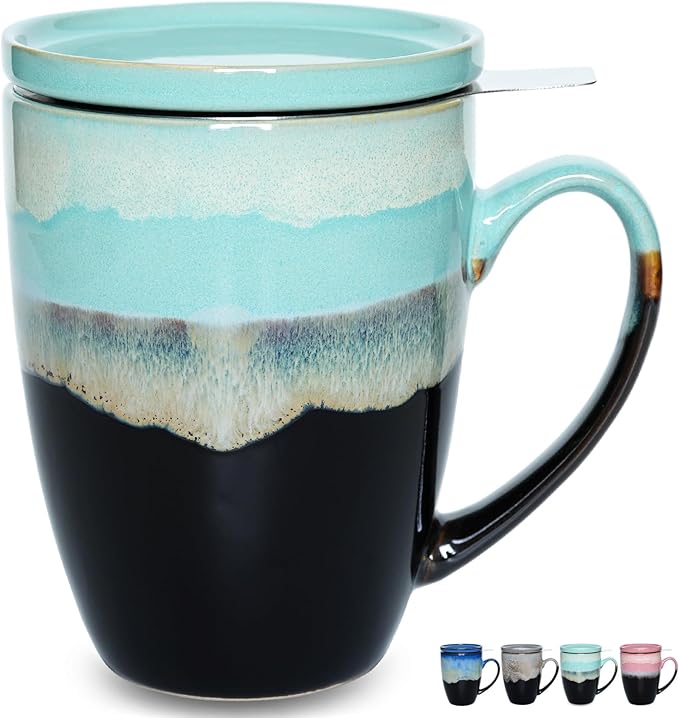 Bosmarlin Ceramic Tea Cup with Infuser and Lid, 13.5 Oz, 4 Colors to Choose, Dishwasher and Microwav