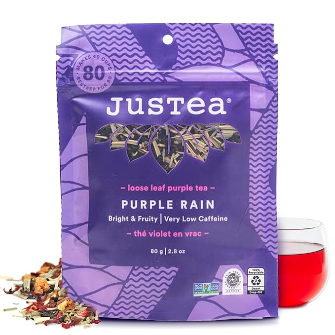 JusTea PURPLE RAIN | Loose Leaf Purple Tea | Recyclable Refill Pouch | 40+ Cups (2.8oz) | Very Low Caffeine | Award-Winning | Fair Trade | Non-GMO