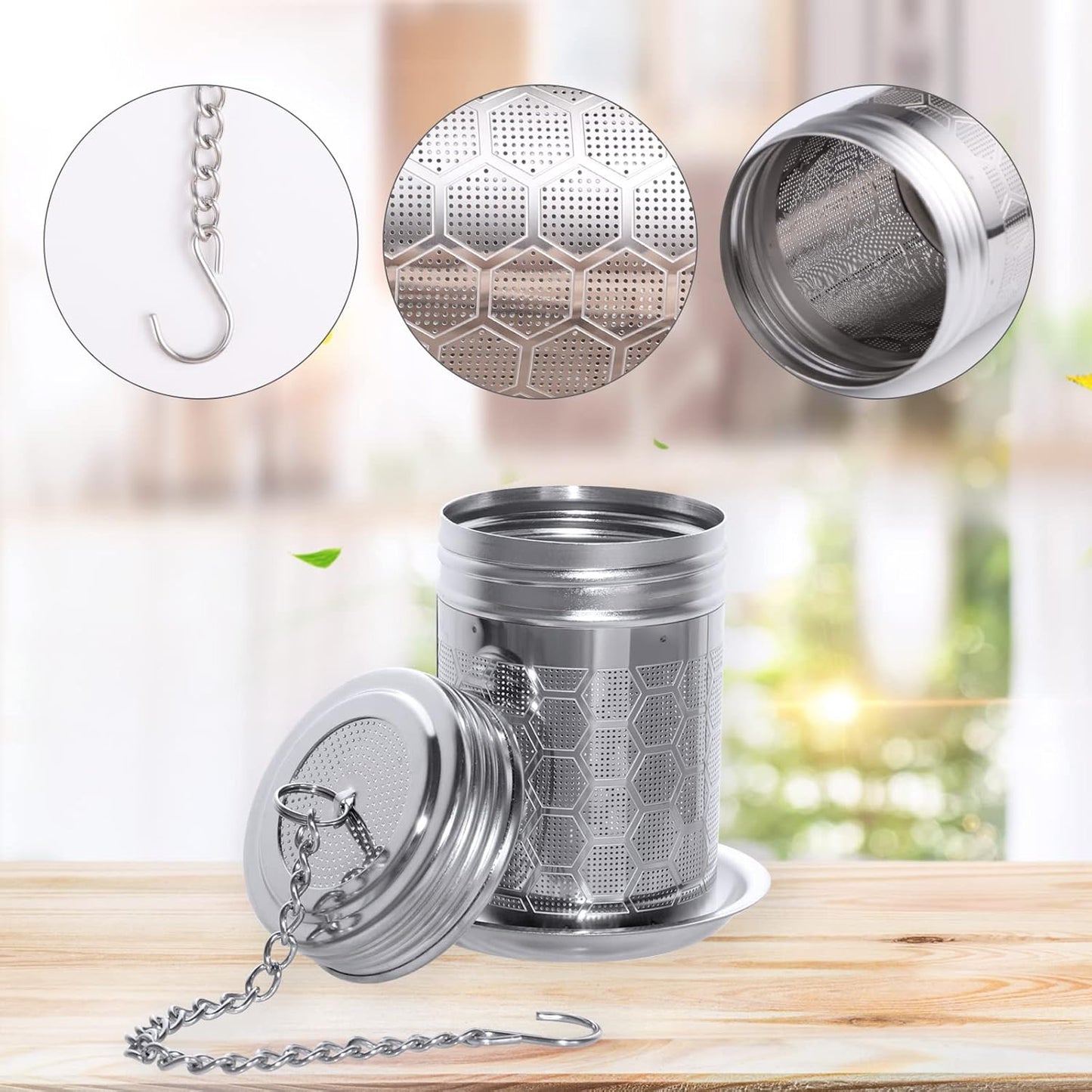 2 Pack Tea Infusers For Loose Tea, 304 Stainless Steel, 2 Inch | Fine Mesh Filter, Threaded Lid, Chain Hook, Drip Trays, Fits Most Mugs And Teapots, Dishwasher Safe