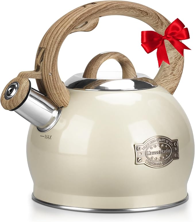 Teapot for Stovetop, 2.1 Quart Stove Top Whistling Tea Kettle, Teapot Kettles with Food Grade Stainless Steel and Wood Pattern Folding Handle