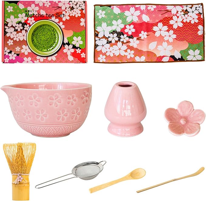 8Pcs Matcha Whisk Set, Ceramic Matcha Bowl with Spout, Bamboo Whisk and Holder, Scoop, Scoop Rest, Sifter & Tea Towel with Cherry Blossom Carved Pattern Kit