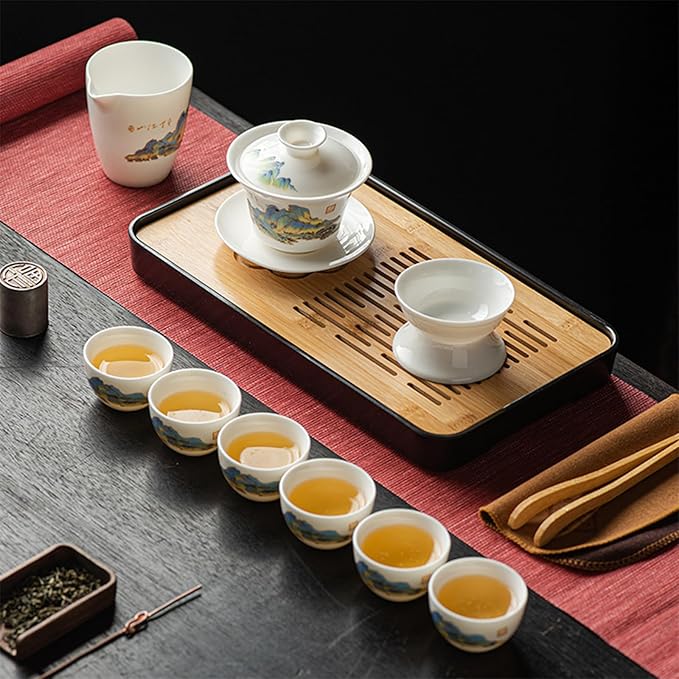 Lurrier Gongfu tea sets, Portable Ceramic TeaSet, Asian Tea sets for adult, Tea Gift sets, Grey leather case, Portable Travel Bag,Home,Gifting