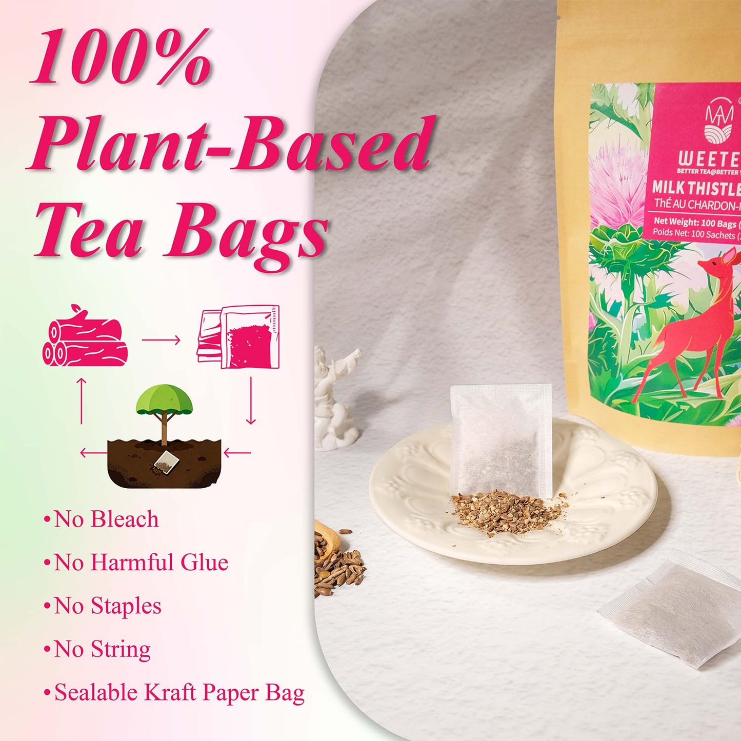 WT WEETEE Milk Thistle Tea Bags 100 Count, Made with 100% Pure Milk Thistle Seeds, Natural Caffeine-free Herbal Tea Detox Tea, Roasted Grain Flavor with Mild Sweetness