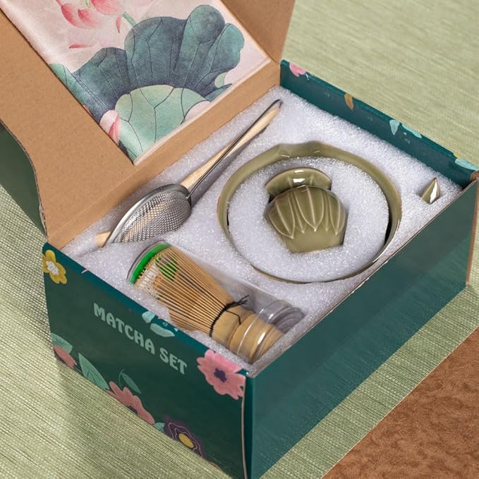 ZentButCool Matcha Set Includes Ceramic Matcha Bowl, Bamboo Whisk (Chasen), Scoop, Stainless Steel Matcha Sifter, And Whisk Holder (White)