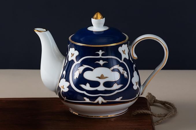 Blue and White Tea Pot - 28 oz. Bone China Teapot with White Vintage Design - Elegant Tea Serving Pot for Kitchen and Gift for Women, Men