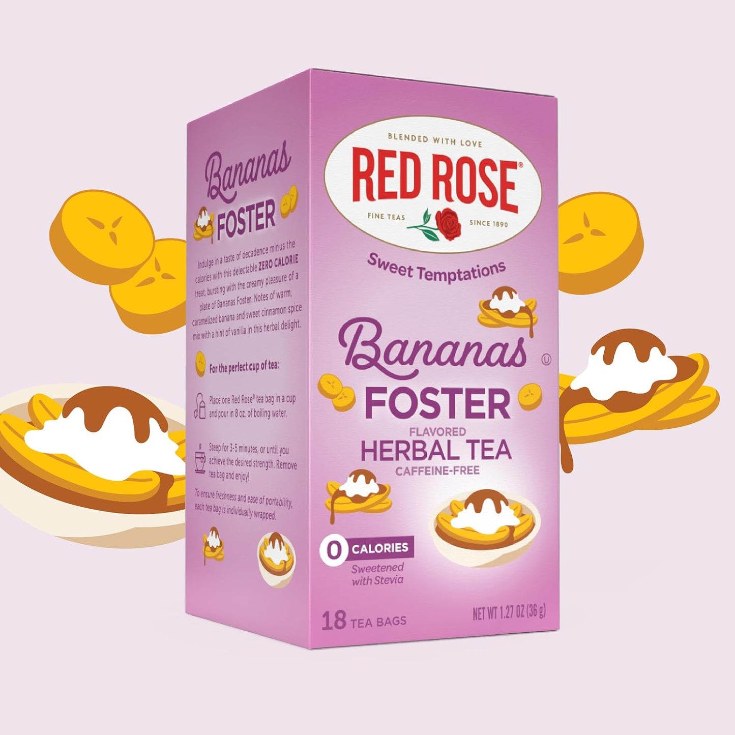Red Rose Sweet Temptations Banana Foster Dessert Herbal Tea,18 Bags 6 Pack | Sweet, dessert-inspired herbal tea | Naturally flavored | Caffeine-free | Ideal sweet treat