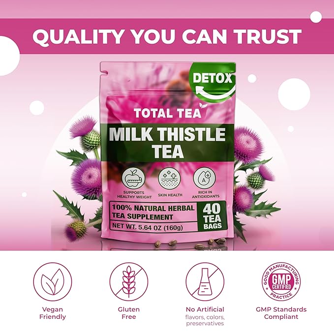 Total Tea 100% Natural Milk Thistle Seeds Tea for Liver Cleanse, Fruit Tea, Digestive Health and Immune System Support - 40 Count