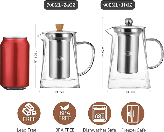 Cnglass Glass Teapot with Infuser,24oz Clear Glass Tea Kettle with Removable Stainless Steel Strainer
