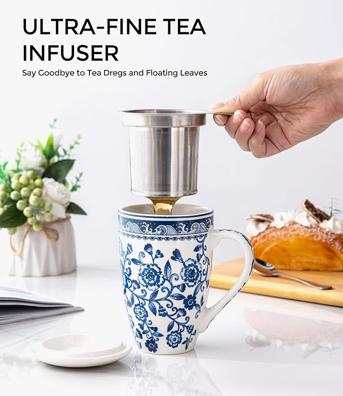AmorArc Porcelain Tea Mug with Infuser and Lid, 18 Oz Tea Cup with Handle for Loose Leaf Tea, Gift for Tea Lovers of Men and Women