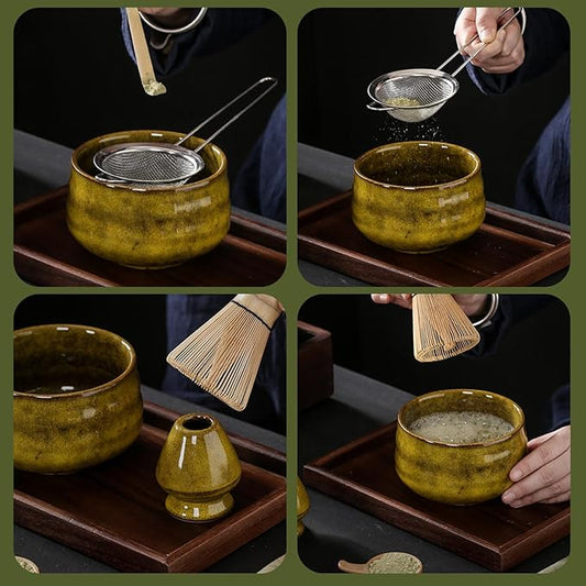 7PCS/Set Matcha Whisk Set Includes Matcha Bowl, Bamboo Whisk, Holder, Sifter, Tea Scoop, Scoop Holder and Tea towel, Japanese Yellow-Green.