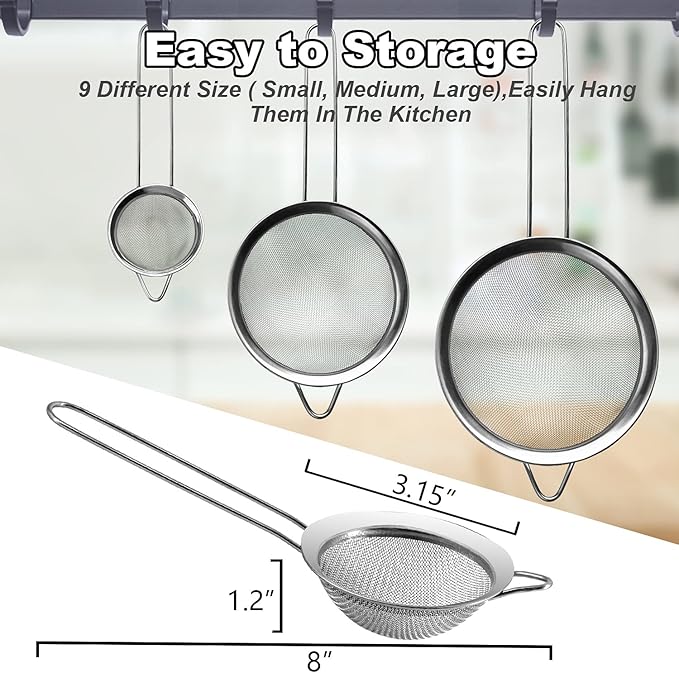 Anaeat Fine Mesh Strainers - Premium Stainless Steel Colander Sieve Sifters, with Durable Mesh and Sturdy Handle, Excellent for Sifting Dry ingredients, Flour, Pastas, Rice, Tea (3.15"）