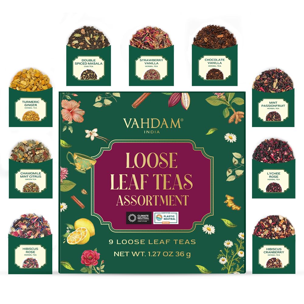 VAHDAM Top 9 Exotic Loose Leaf Tea Sampler (18+ cups), Floral & Fruity Blends with Delicious Taste, Hot & Iced