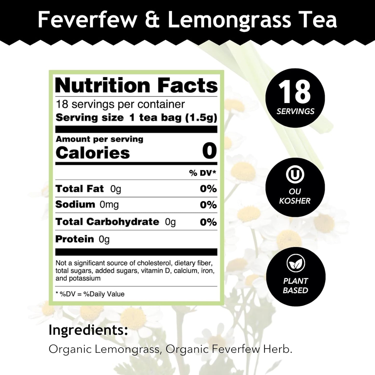 Buddha Teas - Feverfew & Lemongrass - Organic Herbal Tea - For Cognitive Balance & Overall Health - With Essential Minerals & Vitamins - Caffeine Free - 100% Kosher & Non-GMO - 18 Tea Bags (Pack of 1)