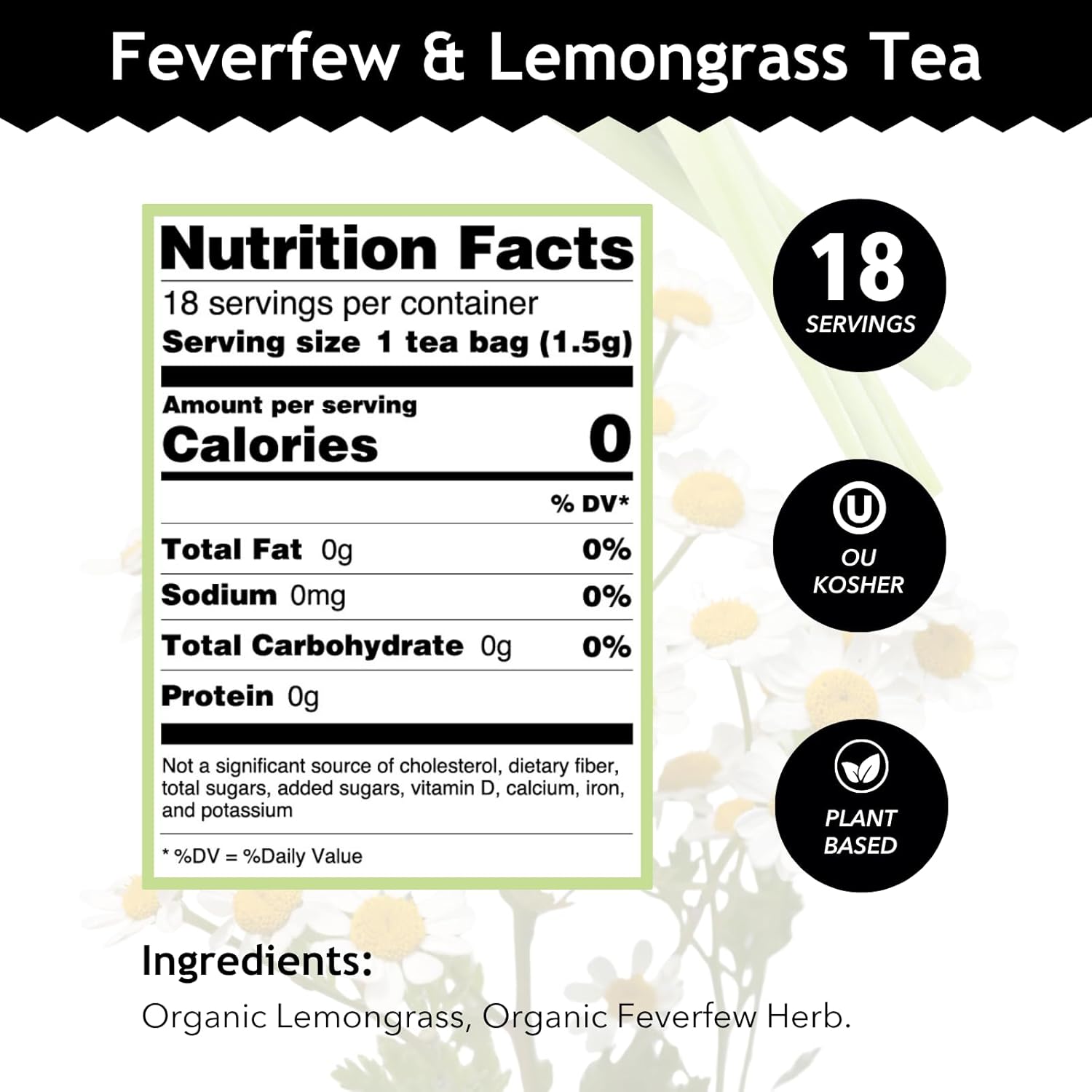 Buddha Teas - Feverfew & Lemongrass - Organic Herbal Tea - For Cognitive Balance & Overall Health - With Essential Minerals & Vitamins - Caffeine Free - 100% Kosher & Non-GMO - 18 Tea Bags (Pack of 1)