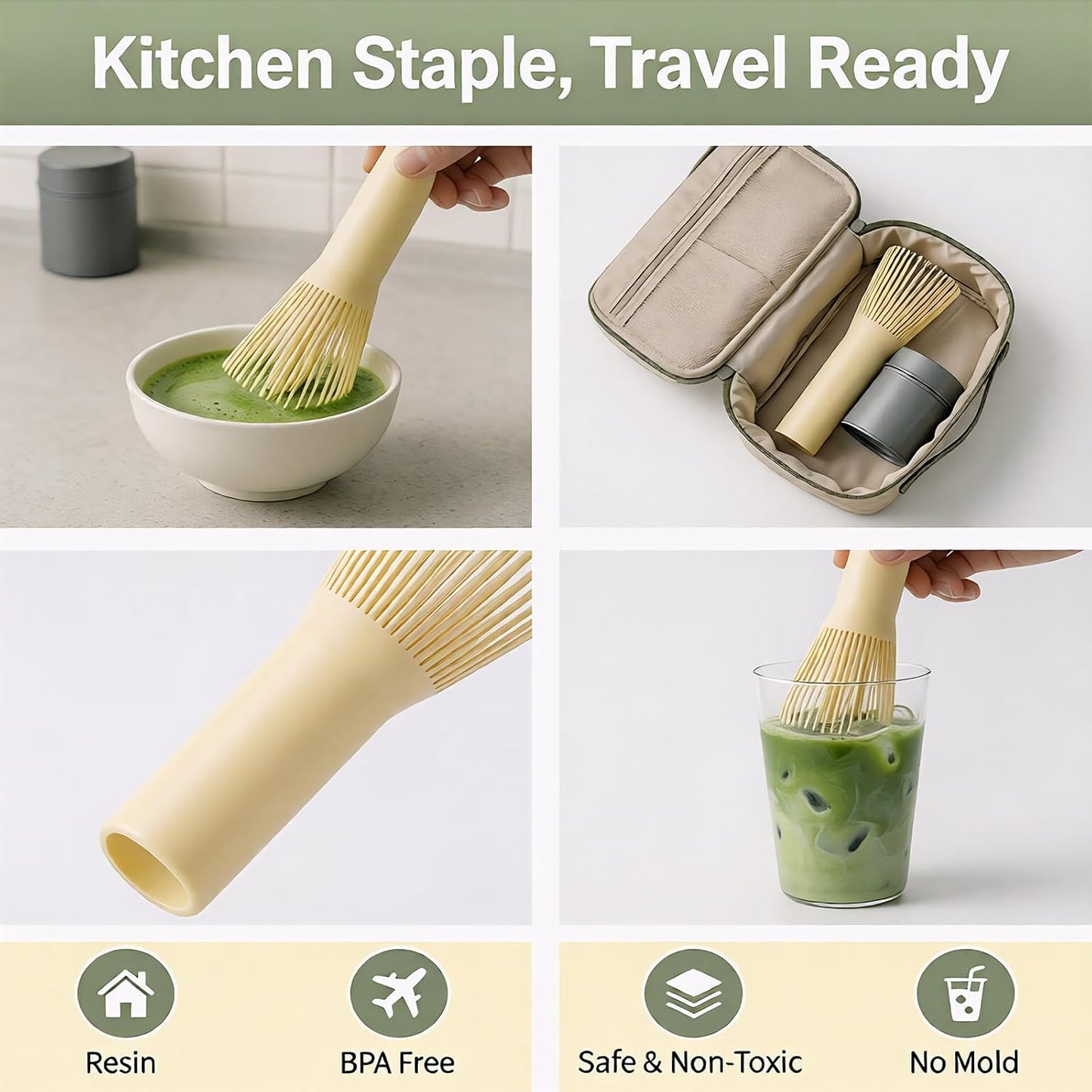 Mini Resin Matcha Whisk Traditional Japanese Long Handle Chasen Matcha Tea Whisk Gifts for Tea Lovers Reusable Plastic Matcha Whisk for Authentic Tea Preparation (Beige)