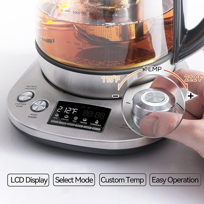 Mecity Electric Tea Kettle with Removable Infuser, 9 Preset Brewing Programs, Temperature Control, 2 Hours Keep Warm, Borosilicate Glass, 1.7 Liter