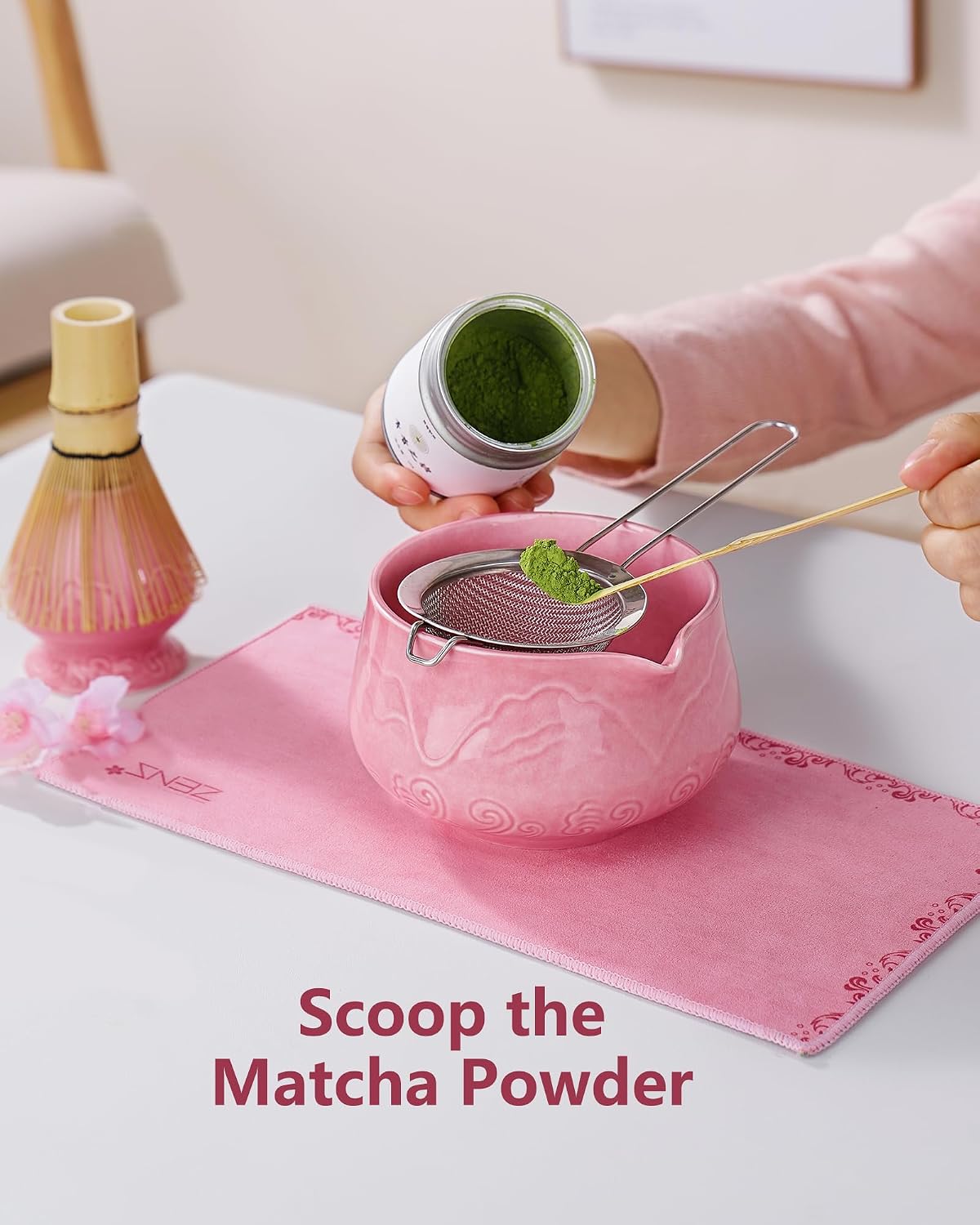 ZENS Premium Matcha Whisk Set, 6pcs Matcha Kit with Matcha Tools, Pink
