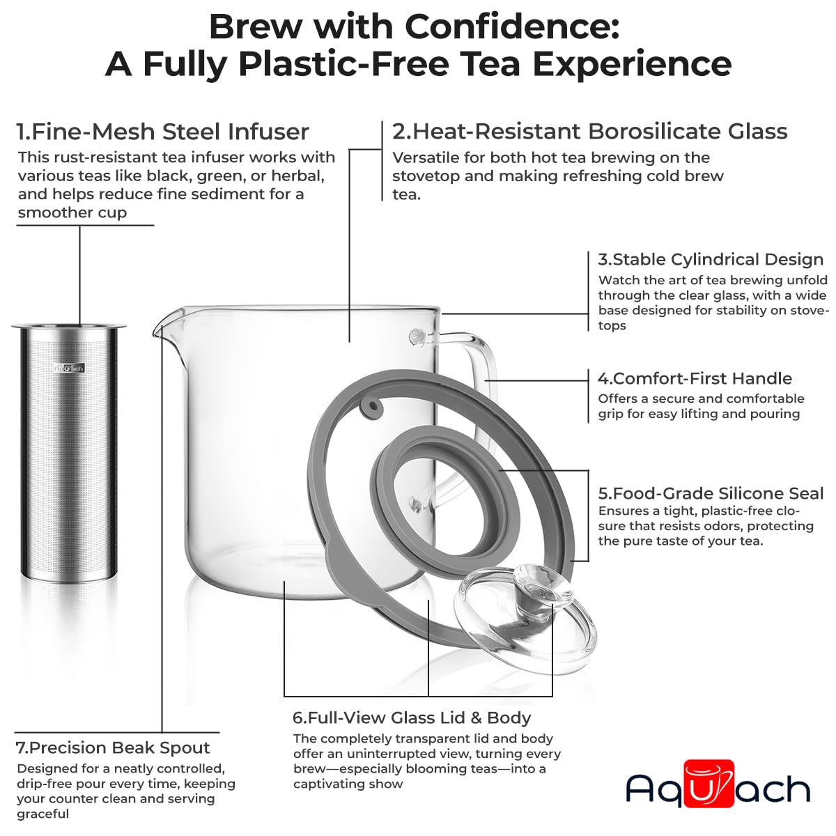Aquach 68oz Glass Tea Pot with Infuser, Stovetop Safe Borosilicate Teapot
