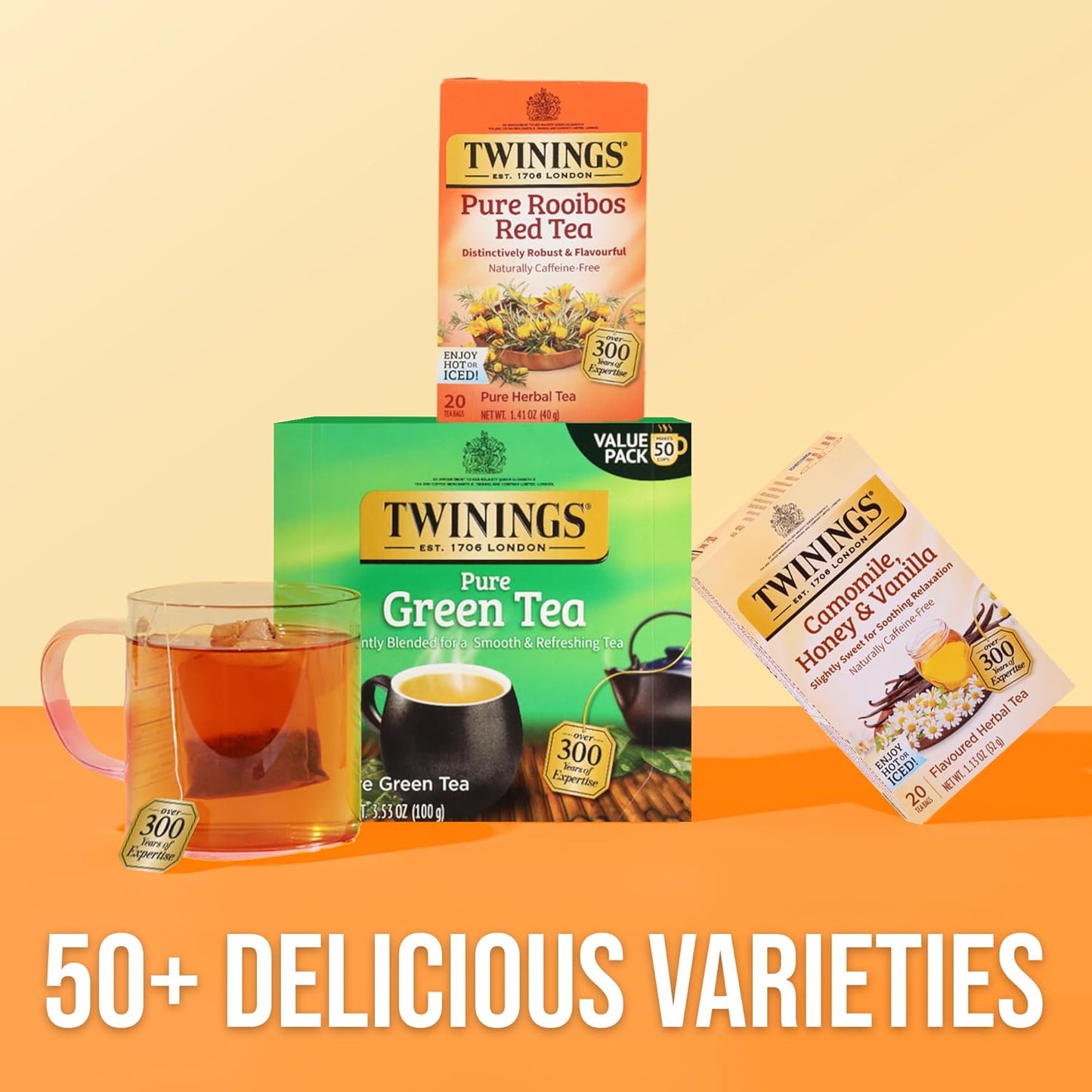 Twinings Pure Rooibos Red Herbal Caffeine-Free Tea Bags 20 CT Box (6 Pack) | Pure Redbush Leaves, Caramel Notes, Naturally Caffeine-Free, 120 Foil Lined Individually Wrapped Bags, Enjoy Hot or Iced