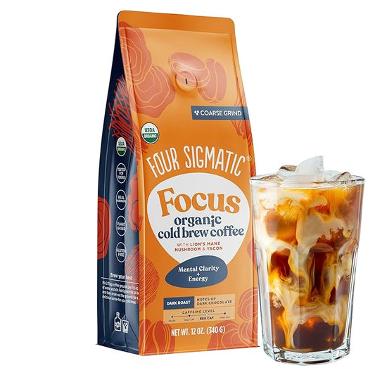 Four Sigmatic Organic Cold Brew Coffee Grounds, Dark Roast, Coarse Grounds with Lion's Mane and Chaga, Cold Brew Mushroom Coffee for Crash-Free Focus