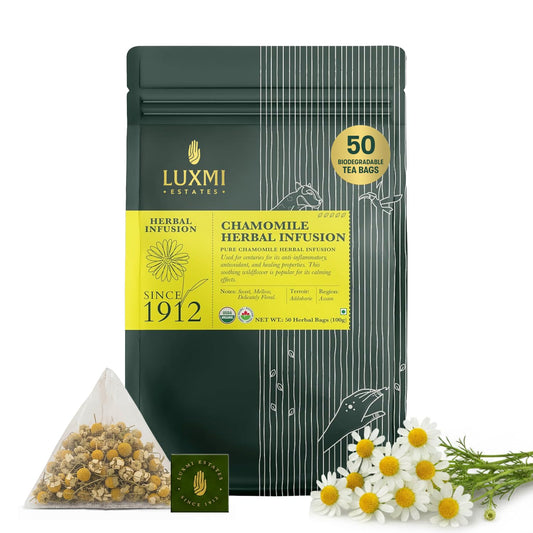 Luxmi Estates Pure Chamomile Tea, 50 Biodegradable Tea Bags (100g, 3.53oz, 50 Cups) | USDA Organic Single-Ingredient Whole Chamomile Flowers | Caffeine-Free Calming Herbal Infusion for Sleep, Vegan, Bulk Value Pack