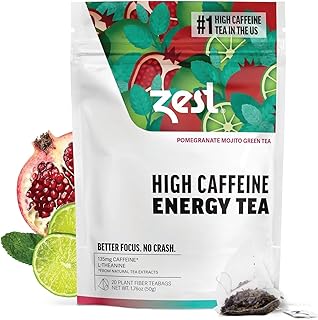 Zest Energy Green Tea – Pomegranate Mojito High Caffeine Tea Bags for Focus & Morning Energy – Natural Caffeinated Tea with 135mg Caffeine – Coffee Substitute – 20Ct Pack, Non-GMO & Keto Friendly