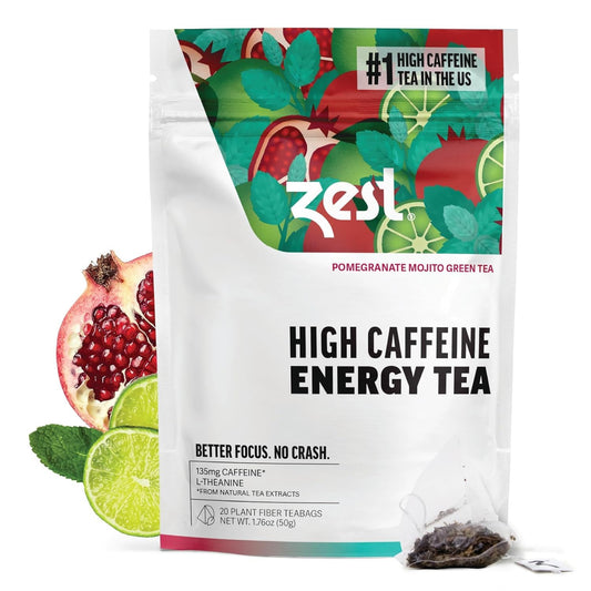 Zest Energy Green Tea – Pomegranate Mojito High Caffeine Tea Bags for Focus &amp; Morning Energy – Natural Caffeinated Tea with 135mg Caffeine – Coffee Substitute – 20Ct Pack, Non-GMO &amp; Keto Friendly