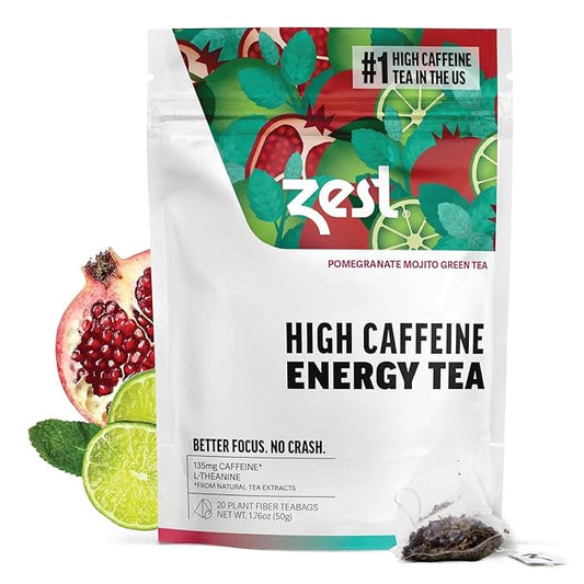 Zest Energy Green Tea – Pomegranate Mojito High Caffeine Tea Bags for Focus & Morning Energy – Natural Caffeinated Tea with 135mg Caffeine – Coffee Substitute – 20Ct Pack, Non-GMO & Keto Friendly