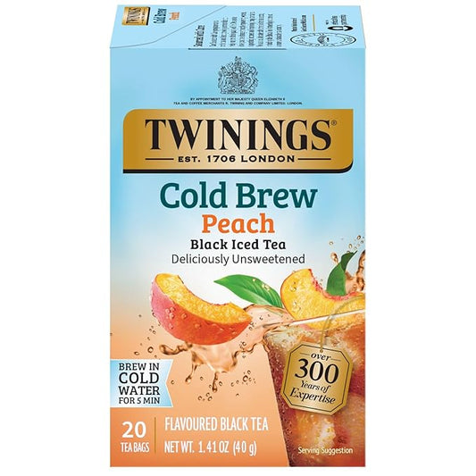 Twinings Peach Cold Brew Iced Tea Bags, 20 Count (Pack of 1), Unsweetened Flavoured Black Tea, Caffeinated, 20 Teabags