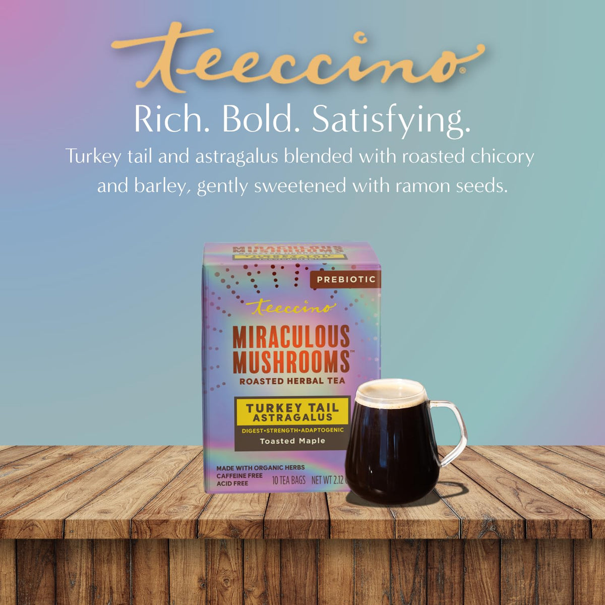 Teeccino Turkey Tail Astragalus - Toasted Maple - Caffeine Free Mushroom Adaptogenic Herbal Tea, 3x More Herbs than Regular