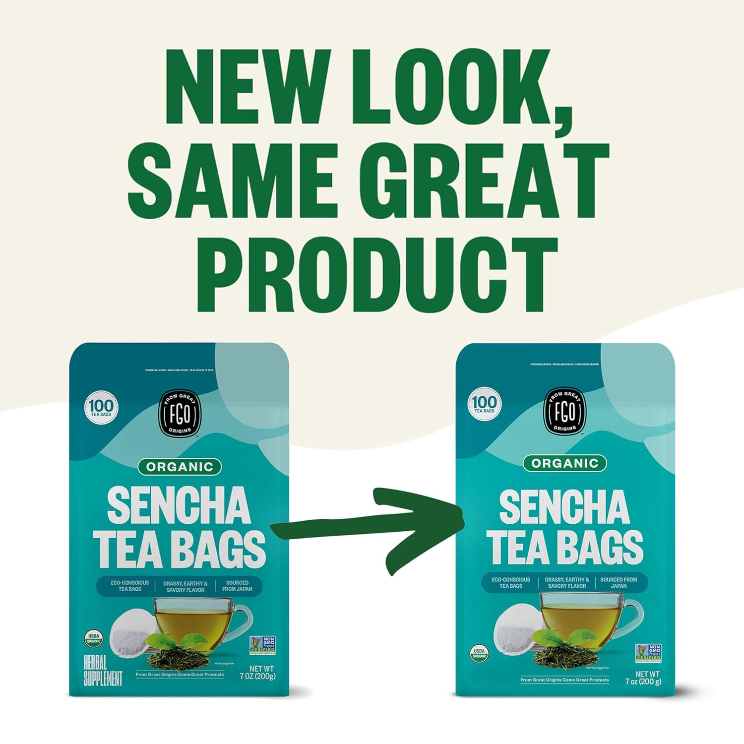 FGO Organic Sencha Green Tea, 100 Count, Eco-Conscious Tea Bags, Resealable Bag, Sourced From Japan, Packaging May Vary (Pack of 1)