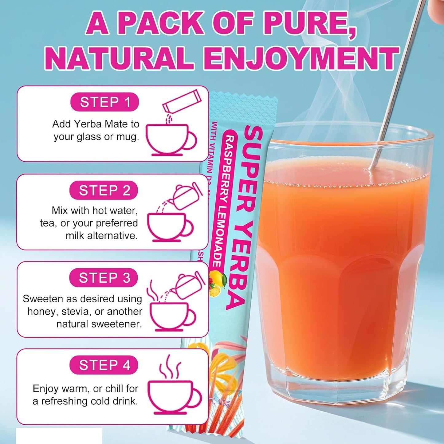 Yerba Mate Instant Tea Powder | Super Yerba Mate Tea for Energy Support &amp; Gut Health - Ashwagandha, Lion’s Mane, L-Theanine, Raspberry Lemonade Flavor, Hot or Cold Drink (10.58 oz, 30 Servings)