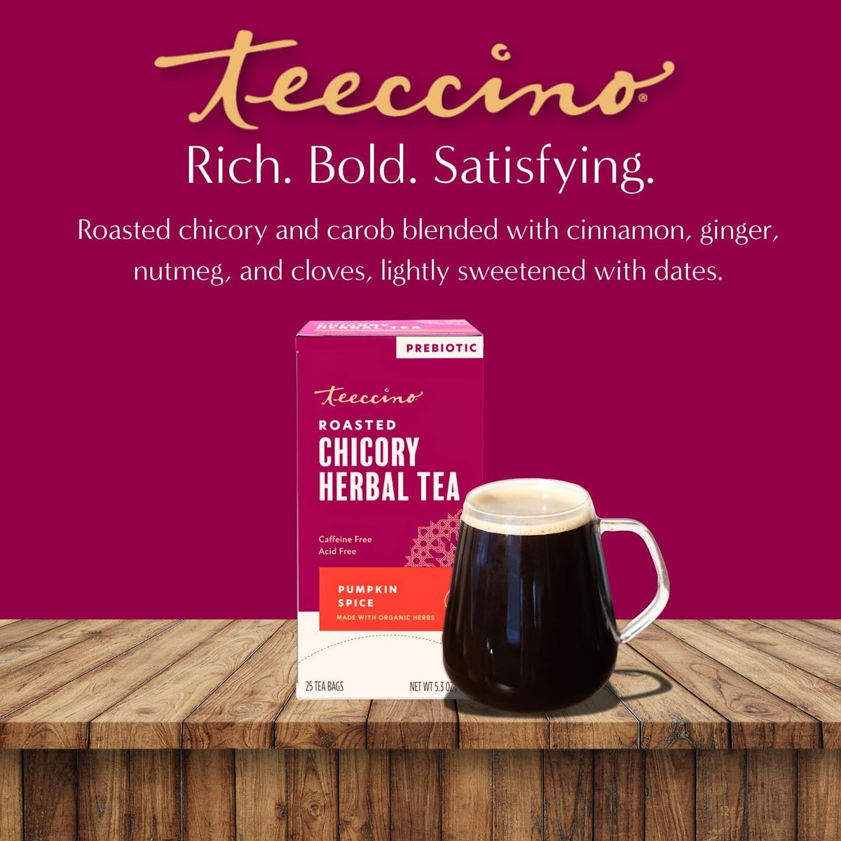 Teeccino Pumpkin Spice Herbal Tea - Rich &amp; Roasted Autumn Harvest Tea That’s Caffeine Free &amp; Prebiotic for Delicious Comfort, 25 Tea Bags