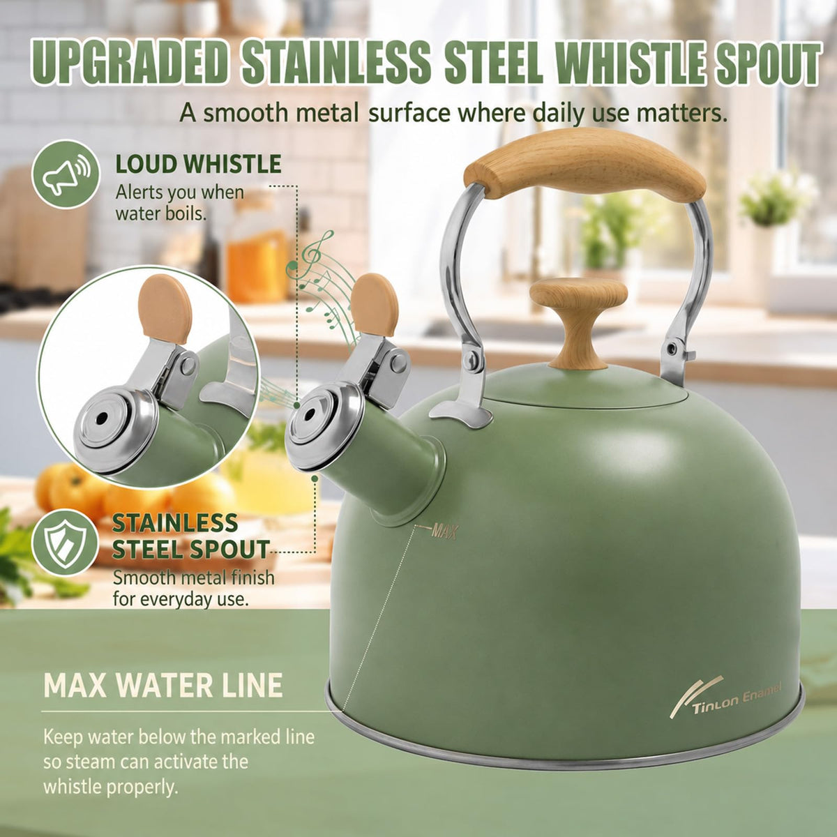 Tinlon Enamel Whistling Tea Kettle, 2.5 Qt Stovetop Teapot, Olive Green