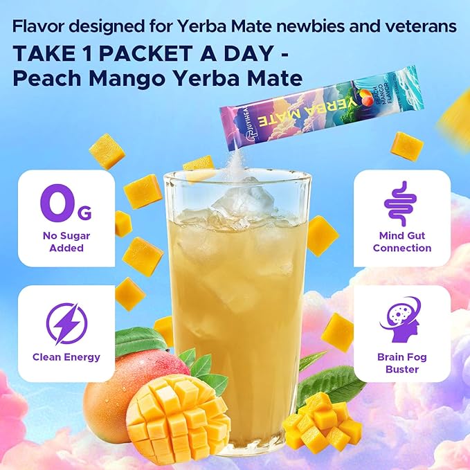 JUYIHEAL 30 Sticks Yerba Mate Powder, Super Yerba Mate Instant Tea Powder Single Serve Sticks with Lions'mane, L-Theanine, Prebiotics, Probiotics for Energy, Focus & Gut Health, Sugar-Free, Peach Mango