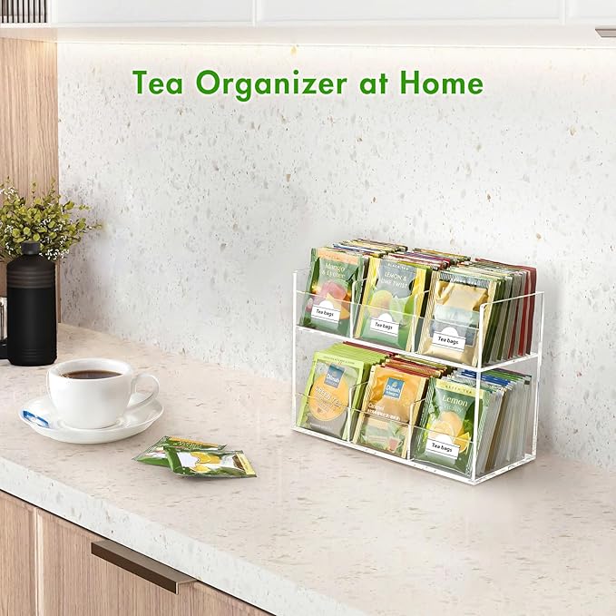 Beygorm Acrylic Tea Bag Organizer for Tea Packets, No Assembly Required Display Holder for Countertop, Vertical Tea Bag Caddy for Cabinet