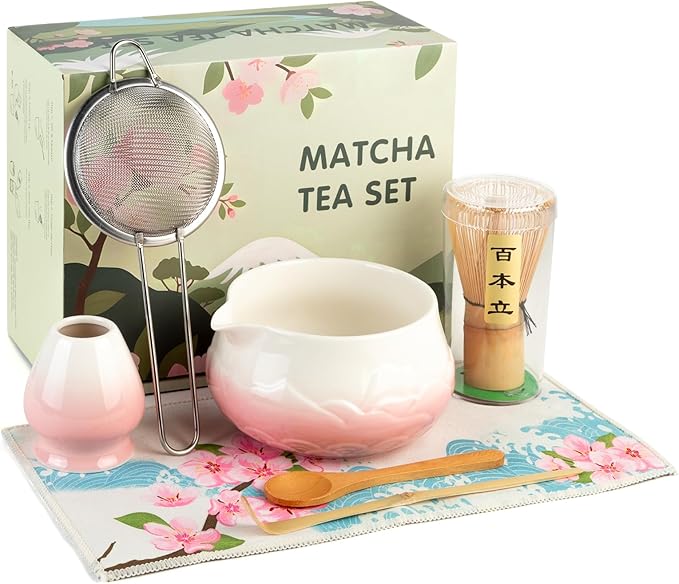 Matcha Whisk Set - Ceramic Matcha Set Includes Matcha Bowl, Whisk and Holder, Bamboo Scoop, Scoop Re