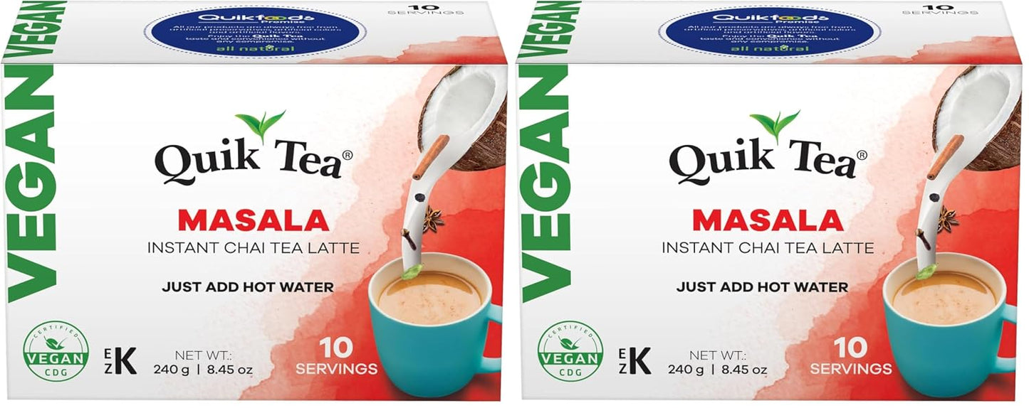 QuikTea Vegan Masala Chai Tea Latte – 10 Count, Bold Masala Flavor, Naturally Caffeine-Light, no preservatives, No Sugar Added