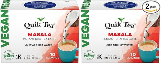 QuikTea Vegan Masala Chai Tea Latte – 10 Count, Bold Masala Flavor, Naturally Caffeine-Light, no preservatives, No Sugar Added – Just Add Hot Water (Pack of 2)
