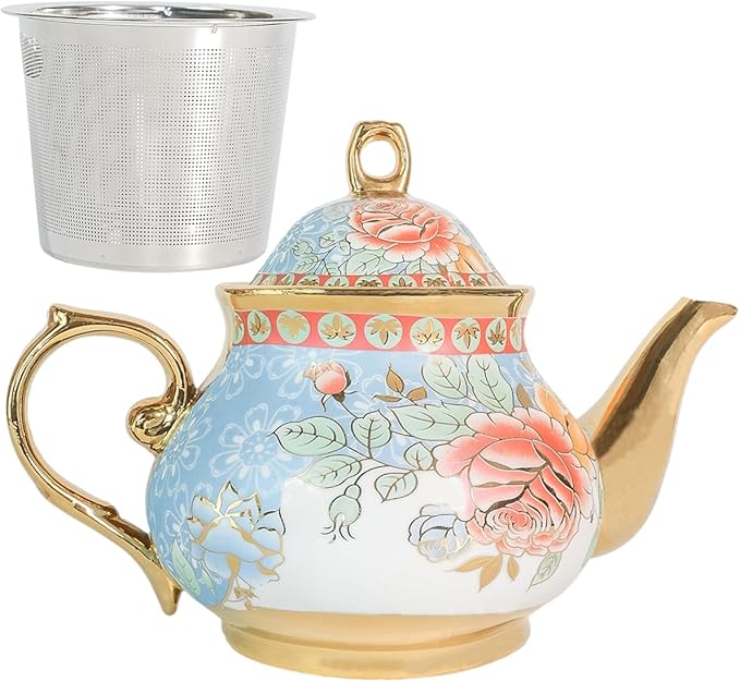 Classic Vintage British Royal Style Ceramic Teapot, 30OZ Large Teapot Perfect for Everyday Gathering