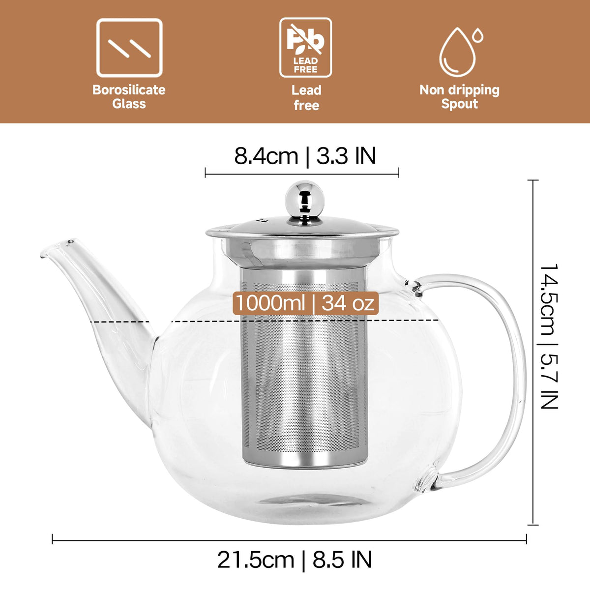 TECOHORS Long-Mouth Glass Teapot 34oz/1000ml with Removable Loose Tea Infuse - Glass Tea Kettle for Stove Top Removable