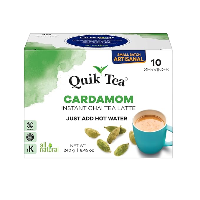 QuikTea Cardamom Instant Chai Tea Latte - 10 Count Single Box - Superfood Antioxidant, Digestion Tea