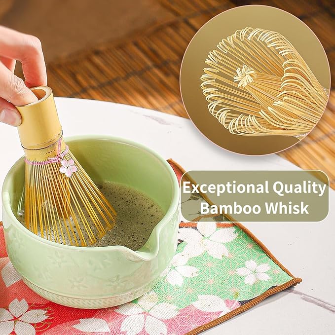 8-Piece Matcha Tea Set with Ceramic Bowls (Flower Pattern), Bamboo Whisk, Scoop, Spoon & Pink Sakura Gift Box – Traditional Japanese Matcha Whisking Kit for Tea Lovers (green)