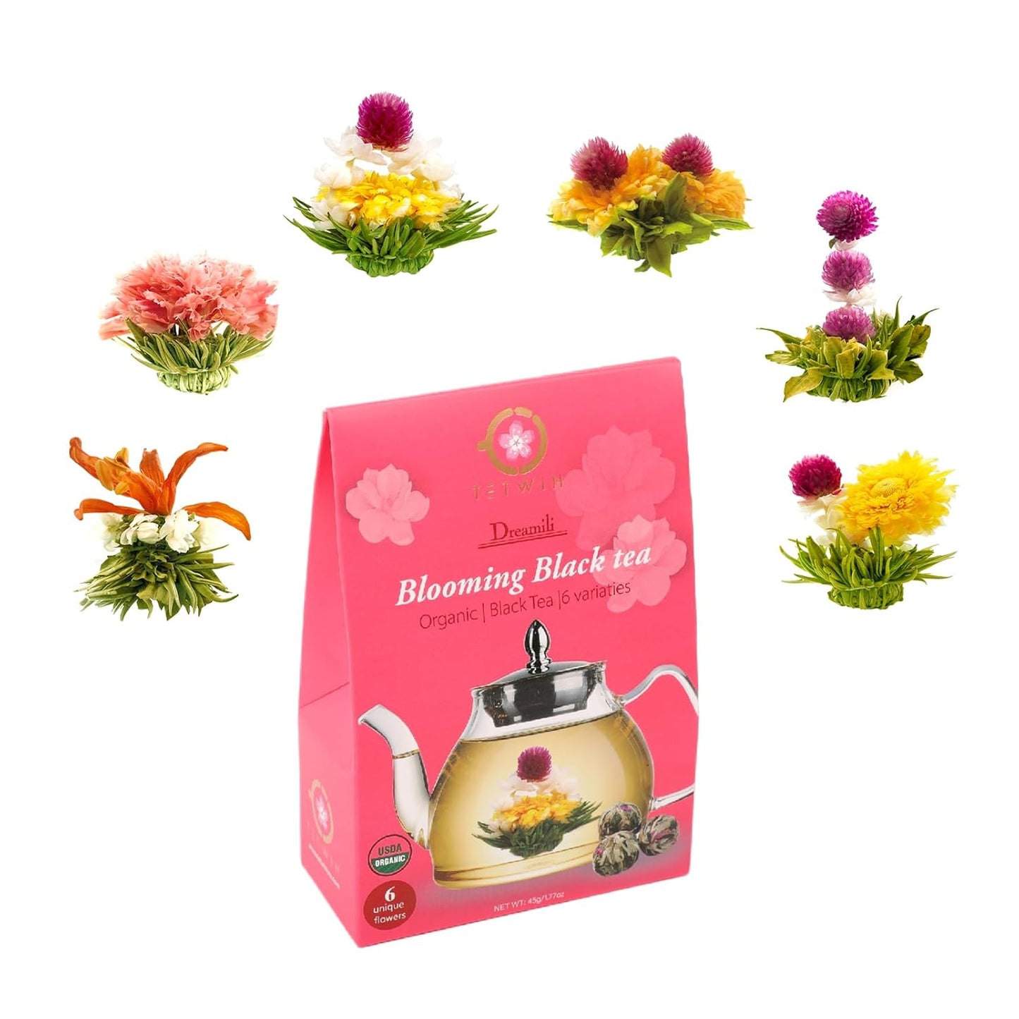 TETWIN Organic Blooming Tea Flowers 6 Tea Balls USDA Hand Tied Natural Black Tea Leaves & Edible Flowers Gifts for Tea Lovers