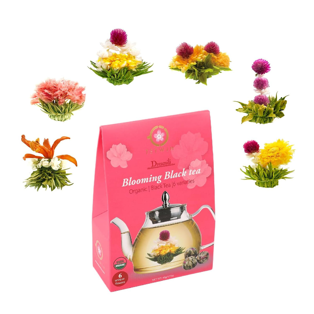 TETWIN Organic Blooming Tea Flowers 6 Tea Balls USDA Hand Tied Natural Black Tea Leaves & Edible Flowers Gifts for Tea Lovers
