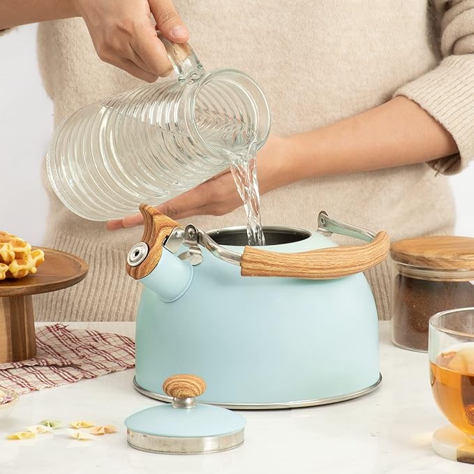 Whistling Stainless Steel Diamond Pattern Tea Kettle with Wood Grain Anti Heat Handle