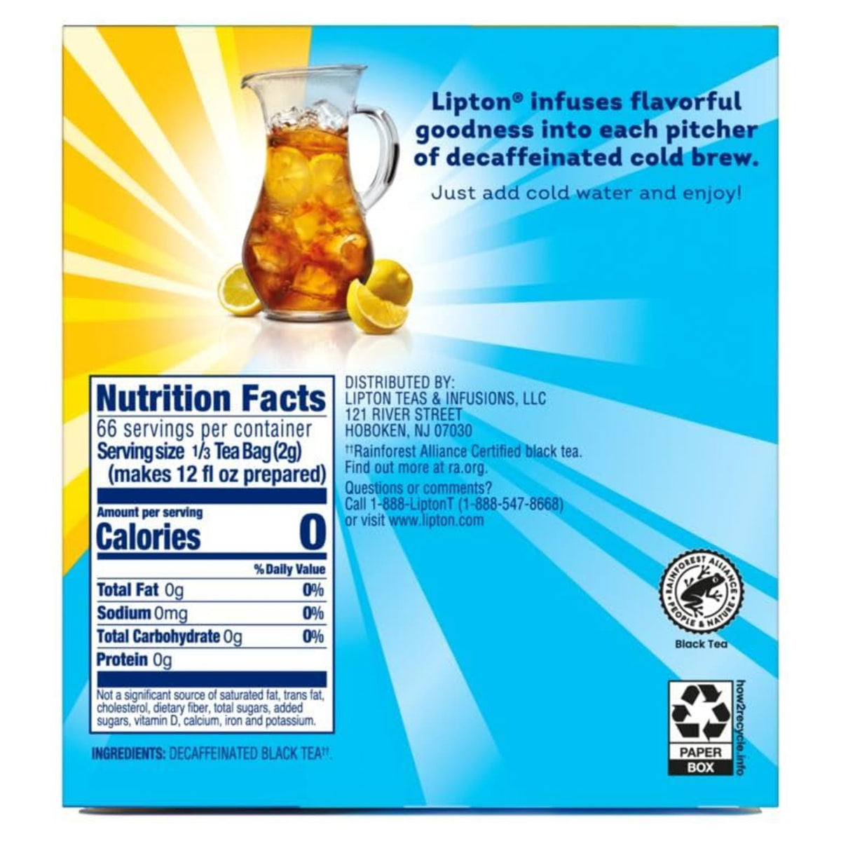 Lipton Cold Brew Decaffeinated Pitcher Size Tea Bags, 22ct tea bags - 2 Boxes