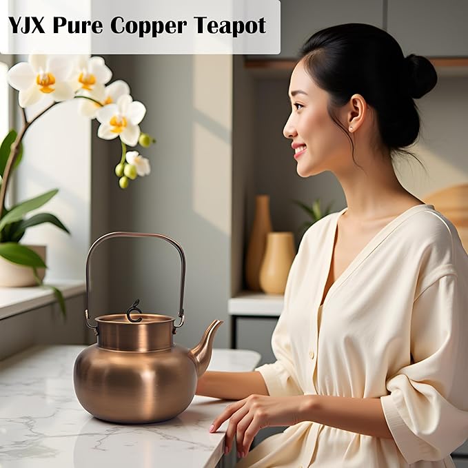 YJX Pure Copper Tea Kettle For Stovetop, Chinese Style Non-Coating Teapot with Stainless Steel Tea Ball For Loose Tea, Solid Tea Pot (1600ml)
